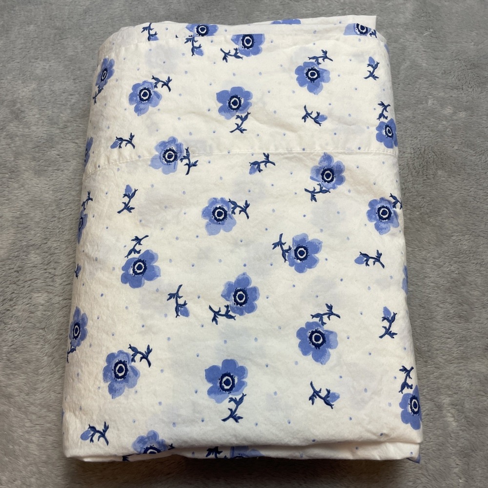 Emma Bridgewater Flat Sheet Twin Size Blue White‎ Floral Anemone Polka Dots